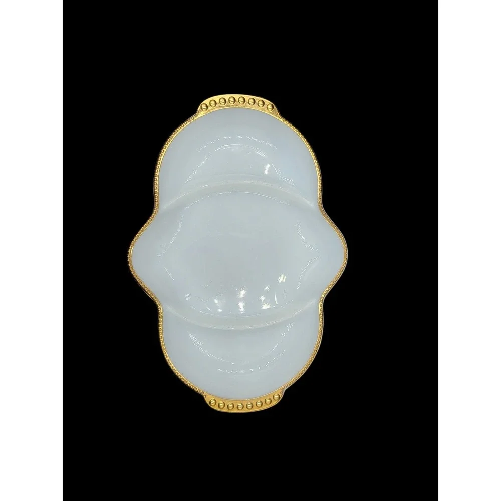 Fire King Anchor Hocking Milk Glass Divided Bright White Dish‎ Gilded Gold Trim